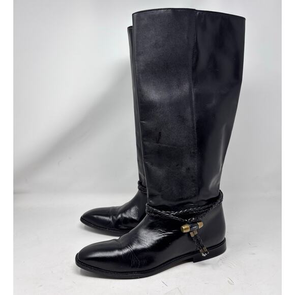 90s Scruples Riding‎ Boots Size 9.5 Black Leather Braided Brass Ankle Straps - Picture 1 of 14